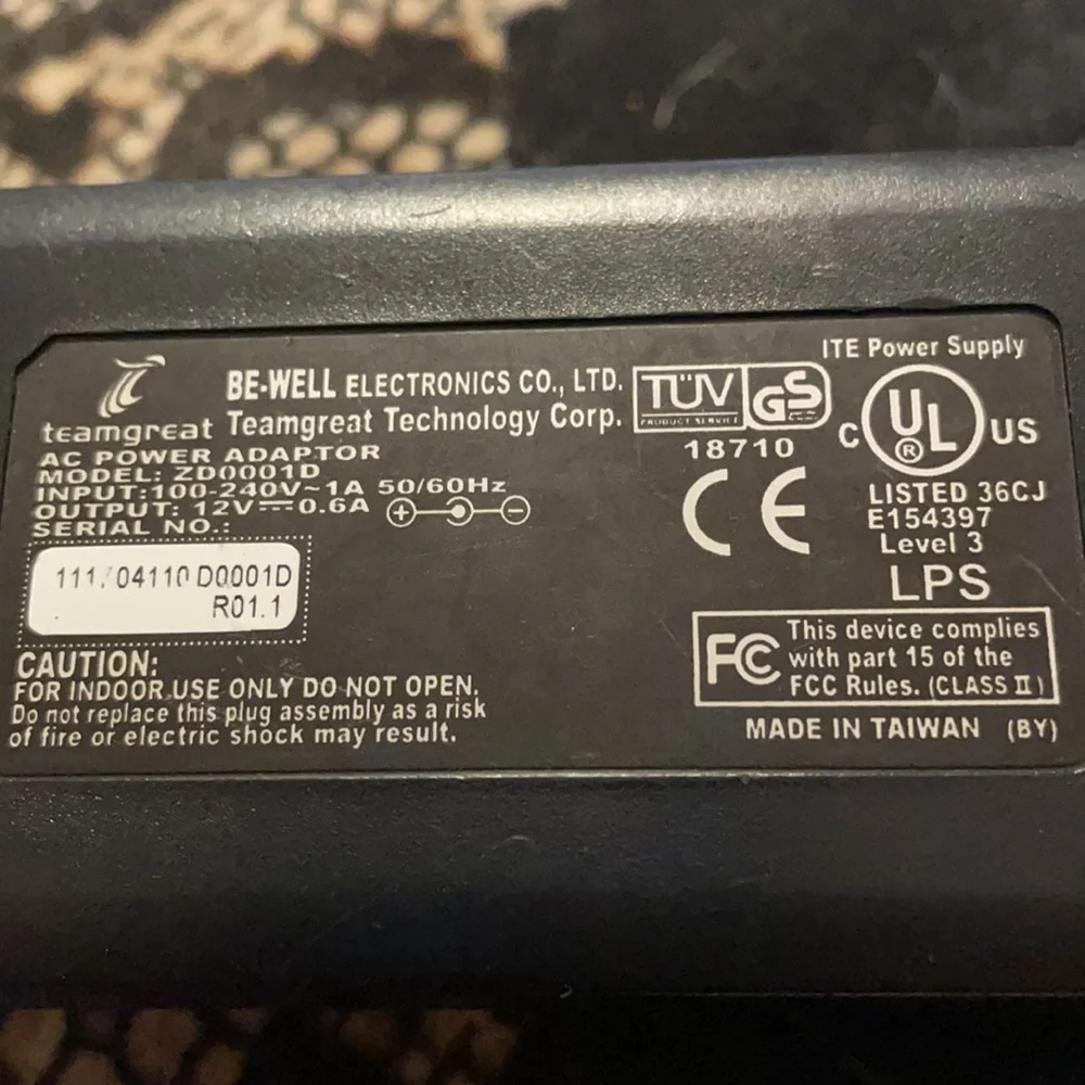 Be-Well Electronics Co,LTD AC Power Adapter Model: ZD0001D